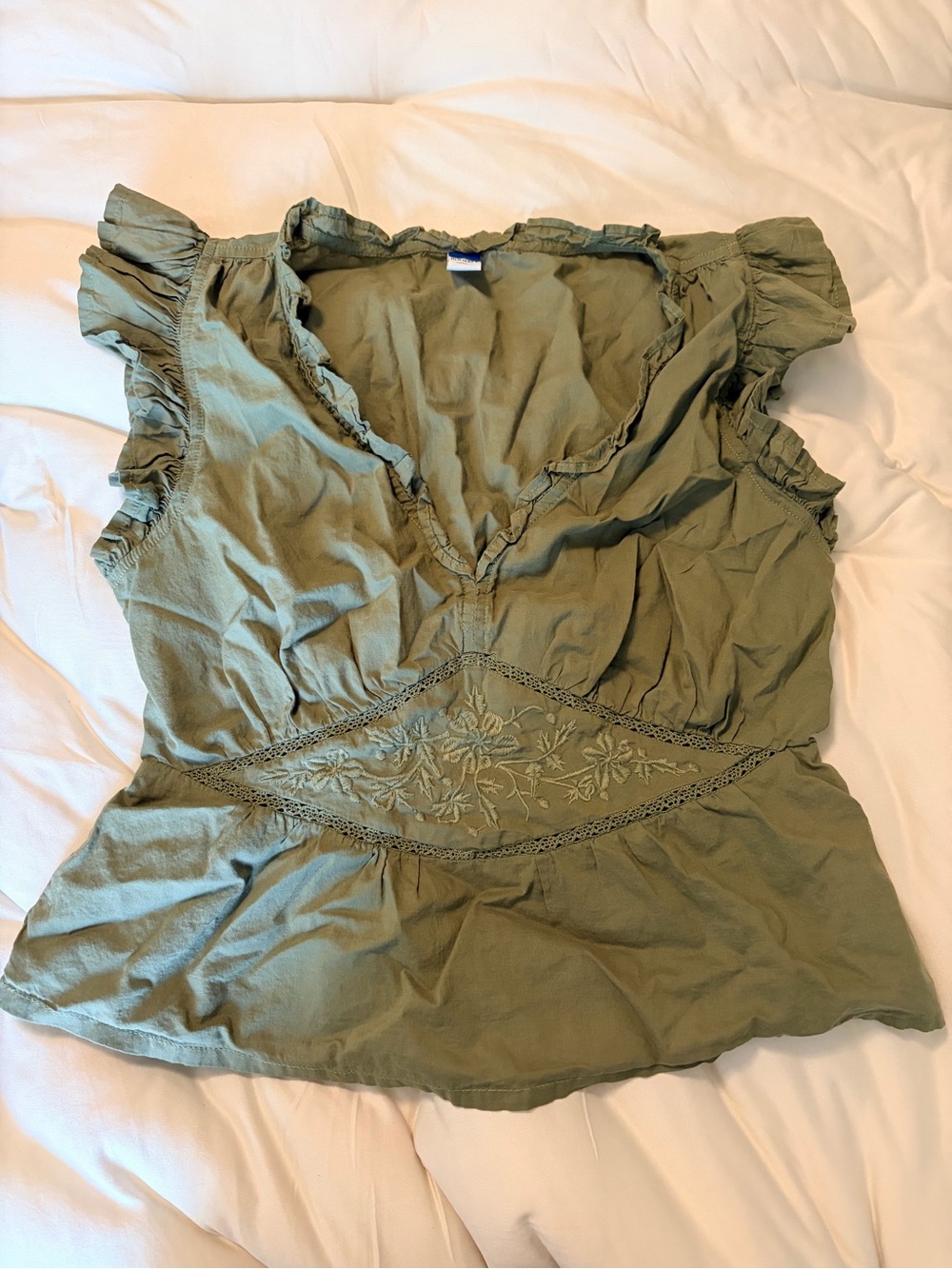 Old Navy Olive Green V-Neck Ruffle Sleeve Embroidered Top